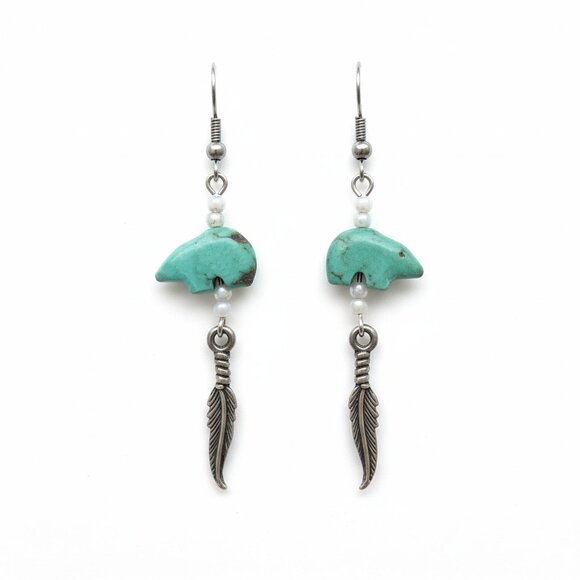 Zuni Bear Silver Tone Feather Dangle Earrings Hook Closure - Picture 1 of 4